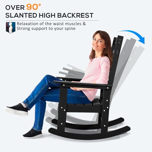 كرسي هزاز مناسب للأماكن الخارجية والفناء ومقاوم لجميع الأحوال الجوية، كرسي هزاز مصمم بمسند مرتفع للظهر من لويني (قطعة واحدة، لون أسود)