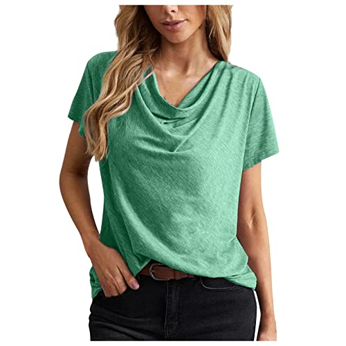 T-shirt d'été ample à col bénitier pour femme, haut élégant froncé, extensible, à manches courtes, chemisier de couleur unie, Vert 2, XL