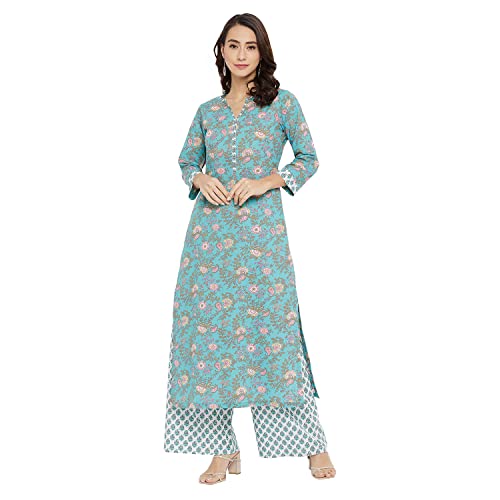 Image of Tissu Women's Cotton Sea Green & Pink Floral Printed Kurta with Palazzo