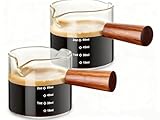 2 Pack Espresso Measuring Cups Glass, Small Measuring Double Shot Glass with Wood Handle, Clear Accessories, Coffee Measuring Cup, with V-Shaped Mouth, Milk Pitcher
