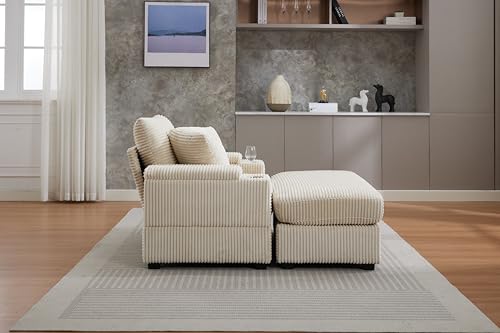 Image of 50 inch Corduroy Upholstered Chaise Lounge Chair Indoor, Modern Lazy Sofa with Storage Armrest, Sleeper Couch with Cup Holders for Living Room, Beige