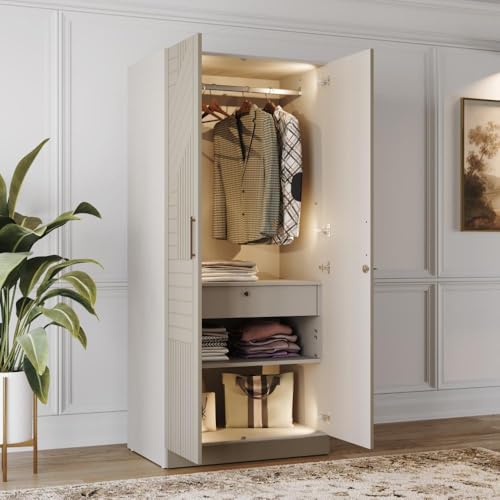 Image of Wakefit Wardrobe for Bedroom | 3 Yr Warranty | Cupboard for Bedroom, Almirah, Wooden Wardrobe, Comes with LED light, Multi-Shelves, Drawer & Hanger, Density:680-750 kg /m, Free Installation(Tyrian-CB)
