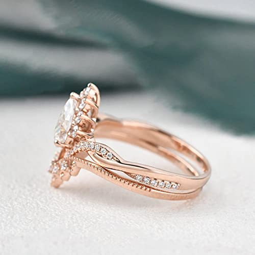 1-1/2 Carat (ctw) Wedding Sets for Women 10K/14K/18K or Platinum Plated Pear Vine Vintage Inspired V Shaped Engagement Rings sets4