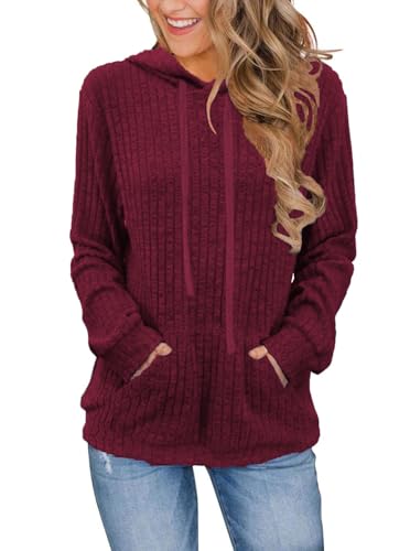 Cuptacc Long Pullover Damen Langarm Casual Pullover Für Damen Mit Kapuze Elegant Langarmshirt Coole Hoodie Weinrot XL 46-48