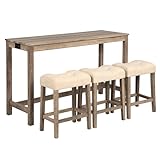 HMFULE 59'' Dining Bar Table and Chairs Set with Power Outlet, 4-Piece Industrial Breakfast Table Set with 3 Padded Stools, Wood Console Table Set for Kitchen Living Room Dining Room, Brown