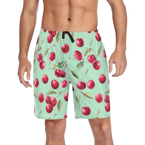 Mens Pajama Shorts Pink Cherries Turquoise Men's Pajama Bottoms Men Lounge Sleep Pants Casual with Drawstring Pockets M