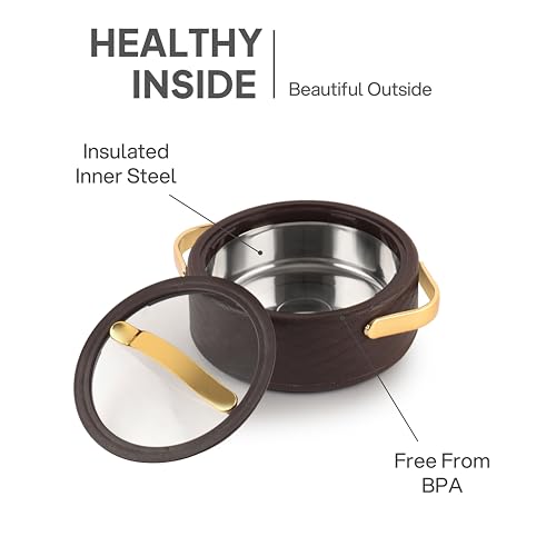 Image of CELLO Velvetto Deluxe 1500 Insulated Casserole Hot Box for Kitchen 1500 ml, Brown | Airtight See Through Lid Hot Pot Case Keeps Food Hot & Warm for Long Hours, Casserole Set for Roti, Rice & Biryani
