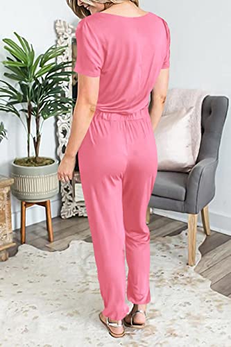Prettygarden Women's Summer Casual Deep V Neck Short Sleeve Wrap Drawstring Waist Jumpsuit Romper (Rose Pink,Small) #TOP6