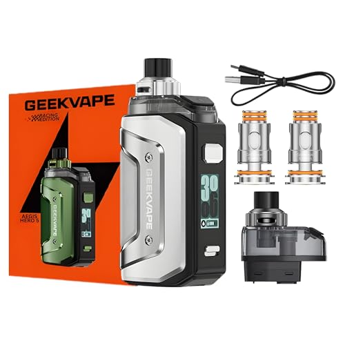 Geekvape Aegis Hero 5 Vape Kit [Steel Silver] - Available in 7 colours - 2A Fast Charge, 2000mAh Battery, 50W, IP68 Tri-Proof - Compatible with Hero 5 Pod & B Coils (Boost) - No Nicotine