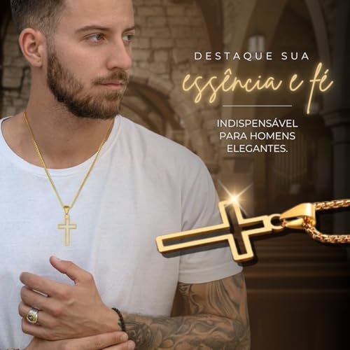 Corrente Masculina com Crucifixo Banhado a Ouro Design Minimalista - Likeness + Bolsa de veludo