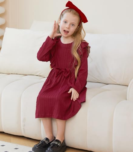 Girls Long Sleeve Ruffle Dresses Solid Ribbed Knit Fall Winter Dress for Toddler Casual Bowknot Dresses 2-6 Years4