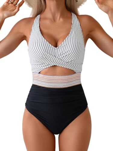 Image of B2prity Women's One Piece Swimsuit Tummy Control High Waisted Bathing Suit | Color Block,Removable Soft Cups,Cutout,V neck,Full Coverage,Adjustable Criss Cross Straps,Tie Back