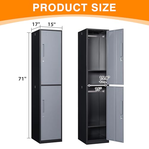 Image of Metal Locker with 2 Doors, 71 inch Storage Lockers for Employees, Home, Office, Gym (Grey Black)