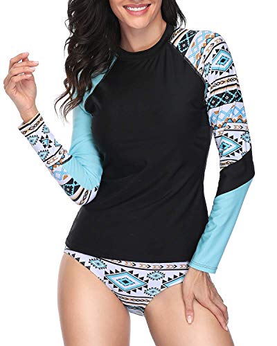 Daci Women Blue Geometry Rash Guard Long Sleeve Two Piece Swimsuit Surfing Swim Shirt UPF 50+ M