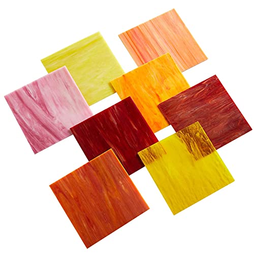 MaxGrain 6x6 inch Stained Glass Sheets Red&Yellow Variety Mixed Colors Opaque Glass Packs Mosaic Art Glass for Art Crafts, 8 Sheets