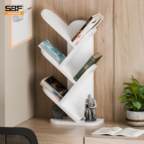 Image of SBF Furniure 5-Tier Modern Tree Bookshelf - Freestanding Black Bookcase for Home & Office | Space-Saving Vertical Display Shelf for Books, Decor & Plants (White1)