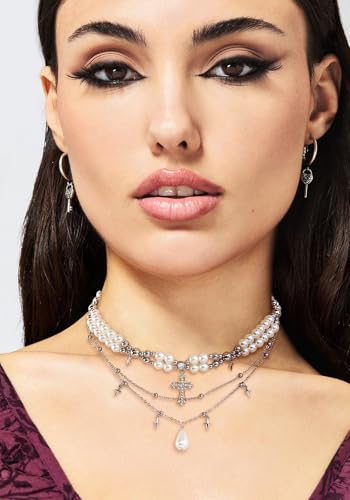 WOWORAMA Gothic Pearl Cross Necklace for Women Layered Pearl Strand Necklaces Vintage Punk Goth Cross Pearls Choker Necklaces Halloween Christmas Gothic Jewelry