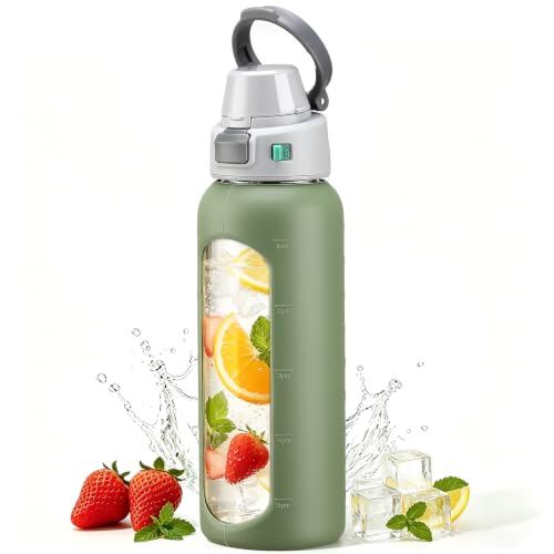 MUKOKO 2-in-1 Borosilicate Glass Water Bottle with Straw for Sports and Travel, 32oz Drinking Bottle with Silicone Sleeve, BPA Free, Leak Proof, Olive