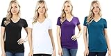 4 Pack Zenana Women's Basic V-Neck T-Shirts Small Black, White, Purple, Teal