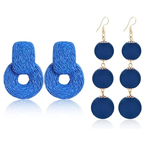 Yanxyad Raffia Round Statement Thread Ball Dangle Earrings Set Thread Dangle Earrings Soriee Drop Earrings Beaded Ball Ear Drop Cover