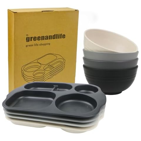 greenandlife 12inch/4pcs Divided Plates + 24oz/4pcs Bowls, Unbreakable Microwave Safe Reusable Lightweight Plates and Bowls Sets Dishwasher Safe Dishes for Outdoor Camping RV, Grey Series Cover