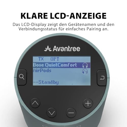 Avantree Orbit Pro - Bluetooth Audio Transmitter für TV mit Optischem oder AUX-Audioausgang (Inkl. Smart-TVs), Surround-Sound, Einfache Lautstärkeregelung für AirPods & Andere Kopfhörer