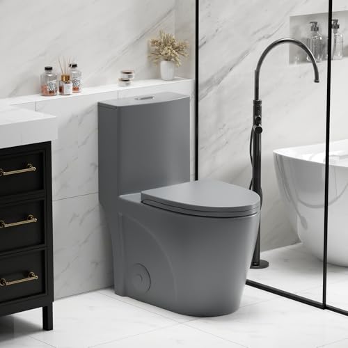 Inodoro de una pieza, con doble descarga, alargado, altura para silla y ADA, asiento de cierre suave, trampa S de 12 pulgadas, descarga por sifón de 1.1/1.6 GPF, accesorio de baño mate miniatura 1