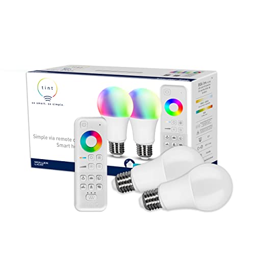 Bild zu tint 2er-Set Smarte LED-Birnen E27 + Fernbedienung – Steuerbar per Alexa oder Fernbedienung – Dimmbare E27 Glühbirnen mit weißem (1800-6500 K) und farbigem Licht RGB, 9,5 W
