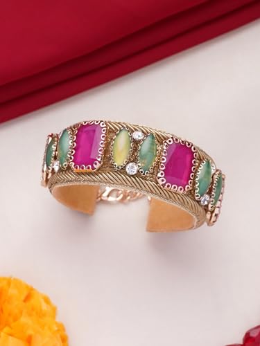 Image of SANJOYA Gold Plated Traditional Embroidered Jewellery for Women & Girls | Stone Studded Wedding, Festive, Mehendi, Sangeet Collection | Necklace, Earrings, Maang Tikka, Bracelet & Ring