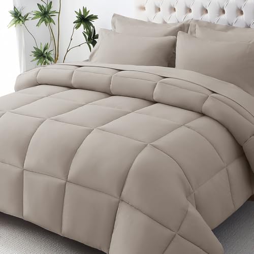 JOLLYVOGUE King Comforter Set, Ultra-Soft Bed in a Bag King Size 7 Pieces, Oeko-TEX Certified Bedding Set with Down Alternative Comforter, Sheets, Pillowcases & Shams, Khaki