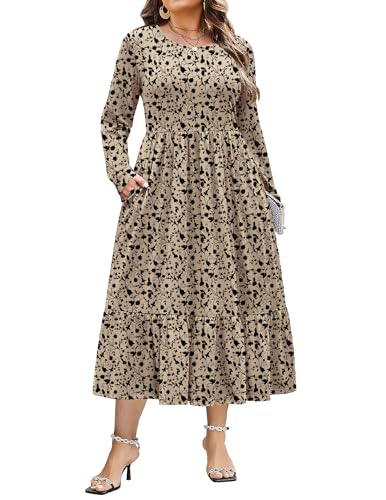 IN'VOLAND Women Plus Size Long Sleeve Dress Loose Casual Flowy Tiered Long Maxi Dresses with Pockets