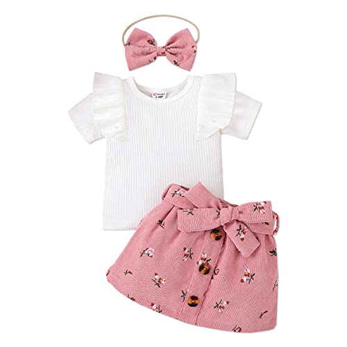 3Pcs Baby Girl 95% Cotton Ribbed Ruffle Short-Sleeve Tee And Floral Print Belted Skirt & Headband Set Pink 6-9 Months #TOP13