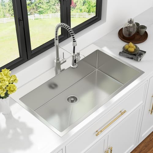 Image of Kichae 36 Drop In Kitchen Sink - Stainless Steel Sinks 36 x 22 Inch Topmount Overmount Single Bowl Handmade Basin with Accessories