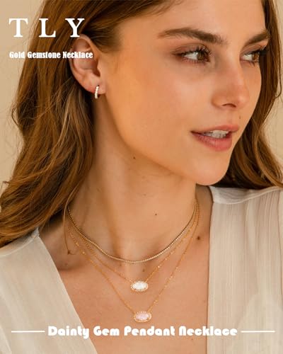 TLY Gold Necklace for Women 14k Gold Plated Non Tarnish Dainty Gemstone Crystal Oval Pendant Necklace Rose Quartz Druzy Stone Choker Necklace Birthday Wedding Everday Jewelry Gifts for Mom3