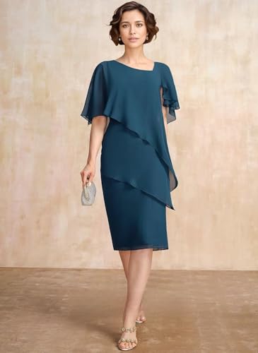 Wchecalino Women's Tea Length Mother of Bride Dresses for Wedding Chiffon Ruffle Sleeve Formal Evening Dress2