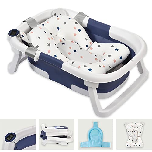 PUPA - Baignoire pliable pour bebe avec thermomètre digital intégré et coussin transat - Baignoire sur pieds avec support pour pommeau de douche et surfaces antidérapantes