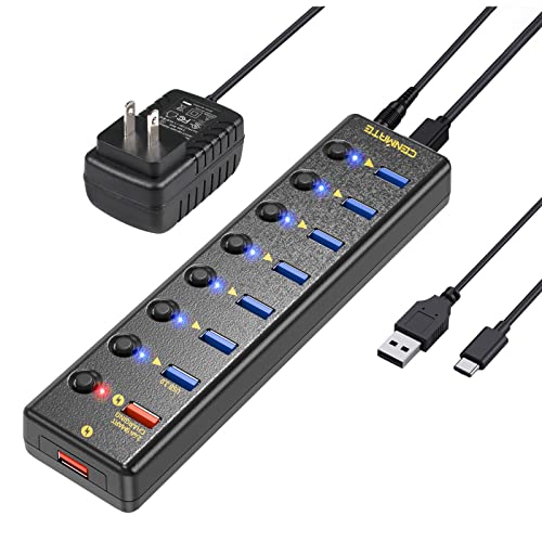Powered USB C/USB 3.0 Hub, cenmate 9 Ports USB Splitter Hub with 7 USB 3.0 Data Ports, 2 USB Charging Ports, Individual ON/Off Switches for MacBook, laptops, Desktops, PC, Mobile HDD, Flash Drive
