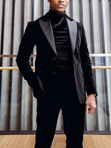 Men's Black Velvet Suit 2 Pieces One Button Peaked Lapel Blazer & Pants Slim Fit2