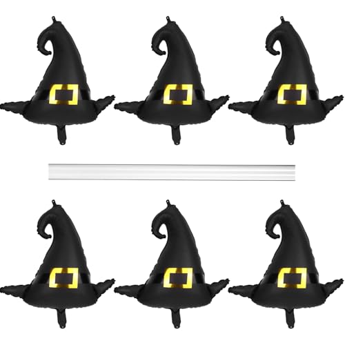 BOXOB 6pcs Halloween Hat Balloons, Magic Witch Party Decoration Hangable Aluminum Foil Black Witch Hat Balloon with Straw for Kids Halloween Themed Party Supplies