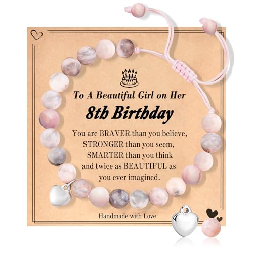 COLANANA Regalos de Cumpleaños para Niñas de 8 años, Pulseras de Perlas Rosas Número Ajustable Pulseras con Tarjeta de Cumpleaños para Hija Hermana Amigos Nieta Regalos