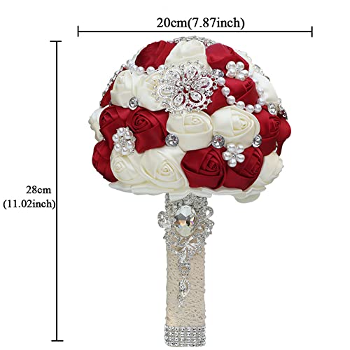 Sharebeauty 7.9 Inch Handmade Satin Rose Bridal Bouquet Toss Round Wedding Bouquet Throw Toss Artificial Flower Bunch Navy Blue + Orange + Ivory #TOP4