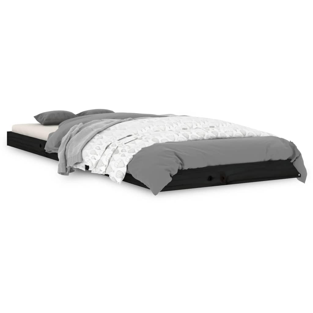 Cama individual de madera maciza de pino, color negro, 75 x 190 cm, con somier de láminas robusto, estructura de madera de pino maciza, ideal para habitaciones juveniles y espacios pequeños