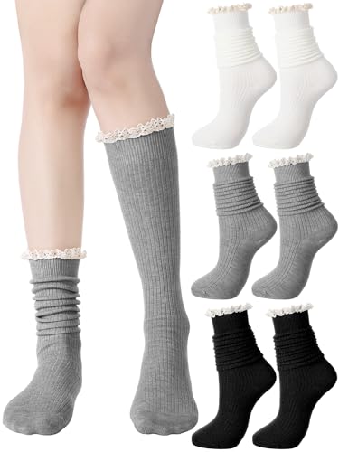Fourluoo 6 Pack Women Knee High Boot Socks, Black, White, Gray1, M