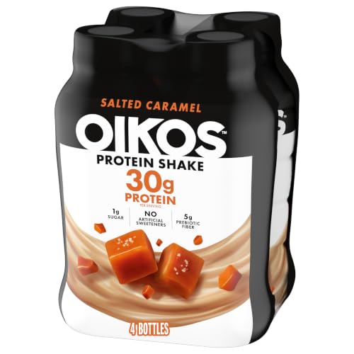Oikos Protein Shake, Salted Caramel, 30g High Protein Drinks, Shelf Stable, Ready to Drink, 5g Prebiotic Fiber, 12 fl oz Bottle, 4 Count​