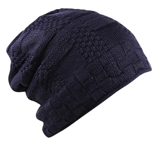 Image of Itzu Unisex Slouch Beanie Waffle Knit Winter Hat Warm Soft Thick Faux Fur Fleece Lining Mens Womens in Navy Blue (Waffle)
