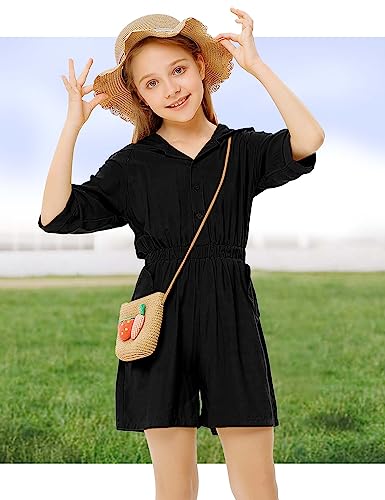 Lionjie Girls Summer Romper Jumpsuit With Ruffle Sleeveless Shorts, V-Neck Hooded & Side Pockets For Kids Toddlers 11-12 Years #TOP1