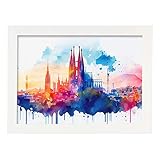Nacnic Poster de Barcelona en Estilo Acuarela. Originales Ilustraciones a Todo Color de Ciudades y Monumentos del Mundo. Diseño Moderno y Decoración de Interiores. Modelo 1, A4 con marco blancos