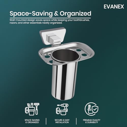 Image of EVANEX Wall-Mounted Tooth Brush Holder, 304 Grade Stainless Steel Tumbler Stand, Bathroom Organizer with Glossy & Chrome Finish Stand with Removable Cup (Aquarius)