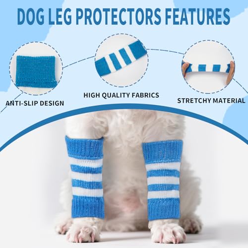 Image of ROZKITCH Pet Dog Elbow Protector Dog Elbow Sleeve, 2PCS Front Leg and 2PCS Back Leg Knee, Elbow Wrap Leg Warmer Wrap Protector, Pet Elastic Knitted Breathable Protective BlueStripe M