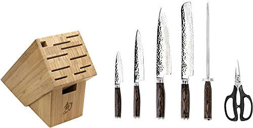 Shun Cutlery Premier 7-Piece Essential Block Set, Kitchen Knife And Knife Block Set, Includes 8” Chef's Knife, 4” Paring Knife, 6.5” Utility Knife, & More, Handcrafted Japanese Kitchen Knives #TOP2